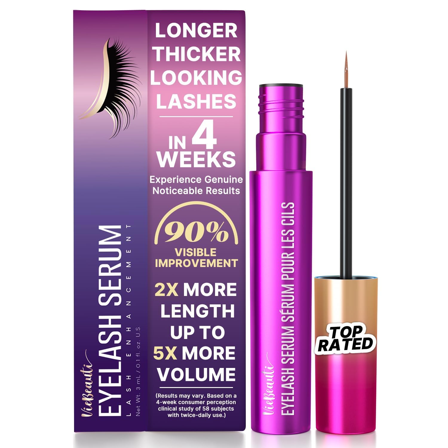 VieBeauti Lash Serum wand close-up highlights precise fine-tip applicator for controlled daily lash application.