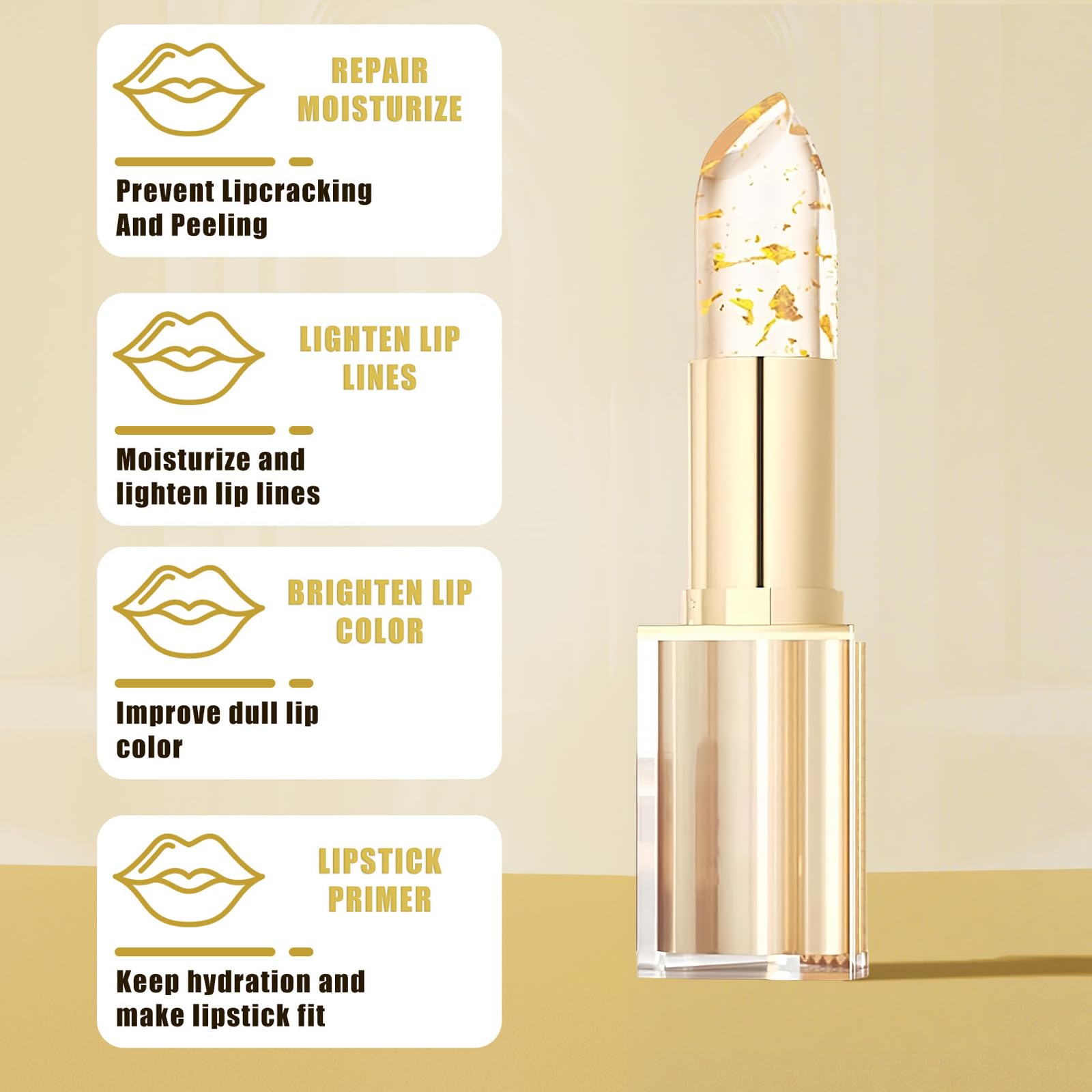 Vienflona color-changing lipstick glossy finish captured on lips emphasizes smooth, hydrated shine.
