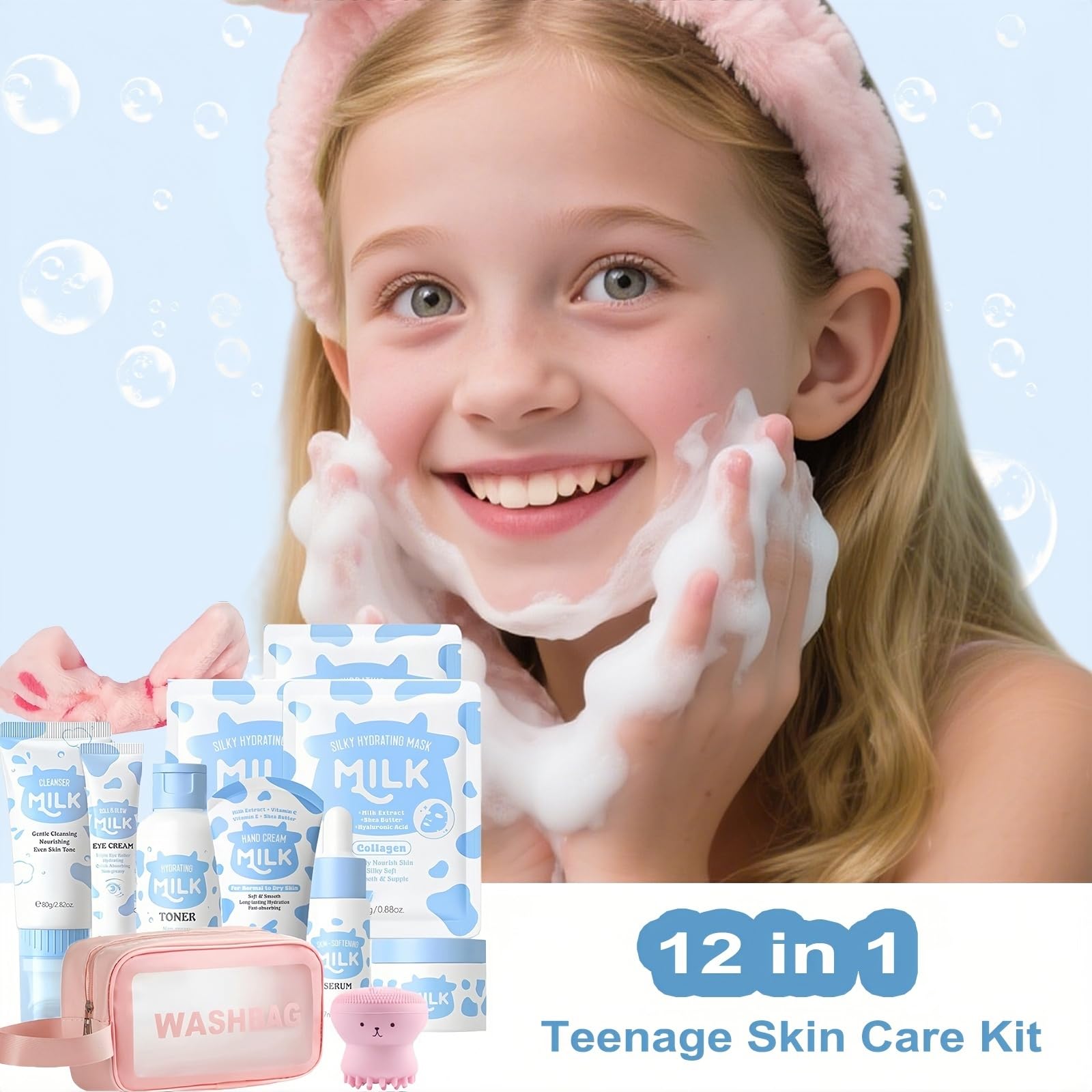 Vienflona Milk Skincare Set in hand demonstrates compact, kid-friendly size for easy daily use.