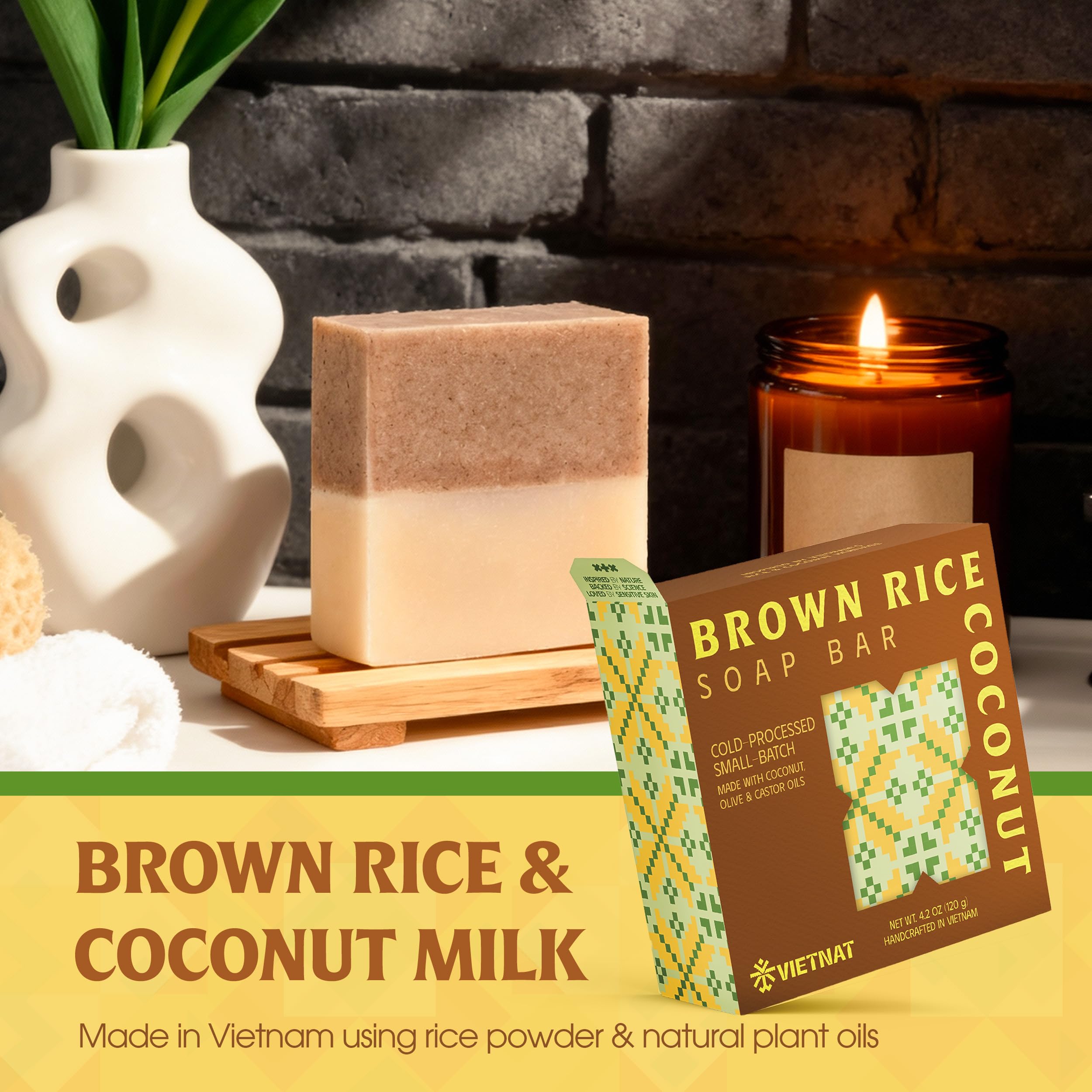 VIETNAT coconut milk swirl on soap bar evokes moisturizing cleanse and skin softness.