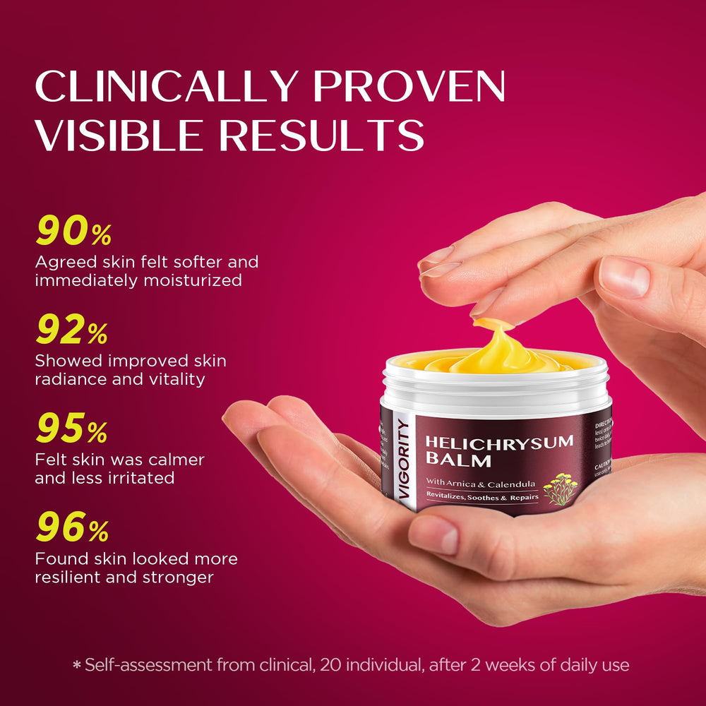 Vigority Helichrysum Balm body application for dry, fragile skin on body.