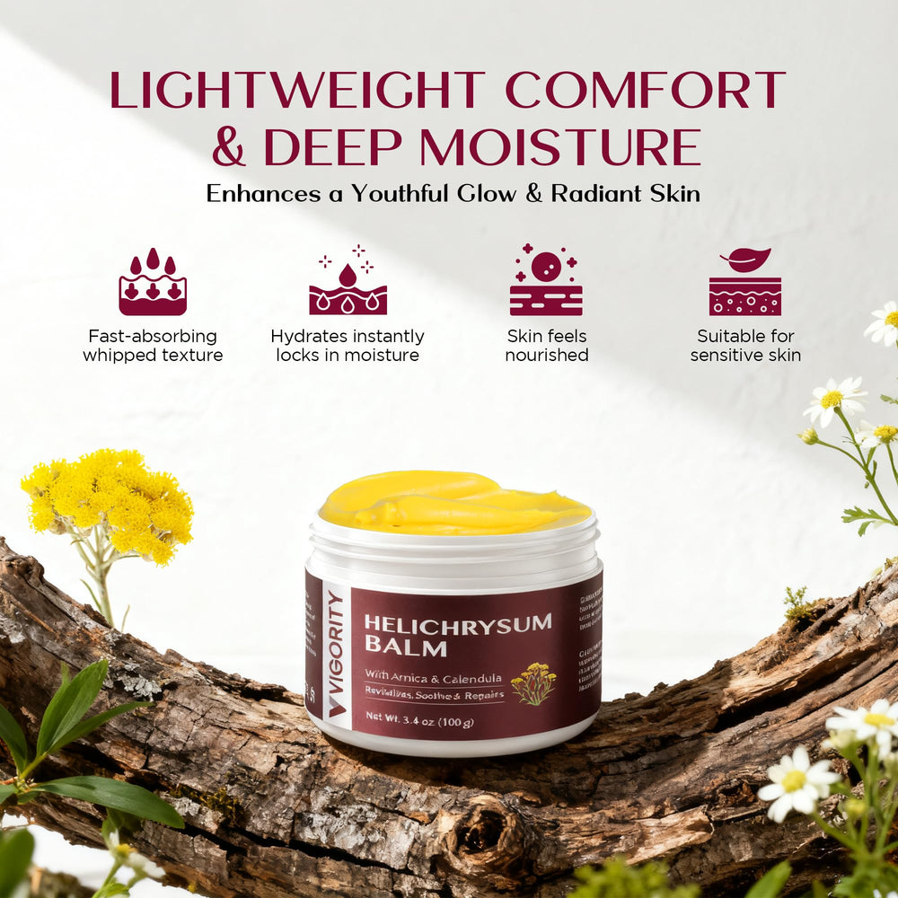 Vigority Helichrysum Balm packaging pictured with a 3.4 oz jar.