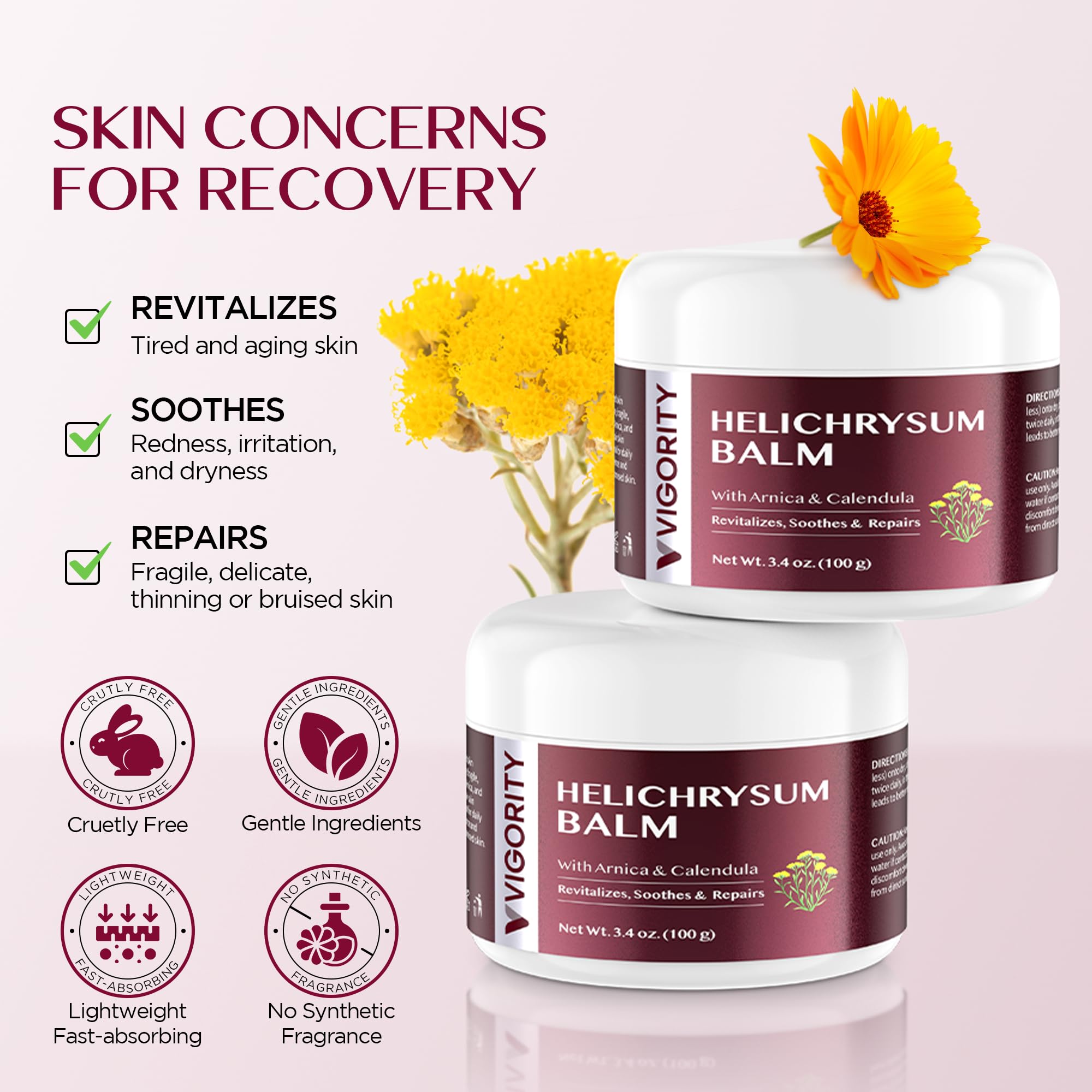 Vigority Helichrysum Balm whipped texture demonstrates lightweight hydration and fast absorption.