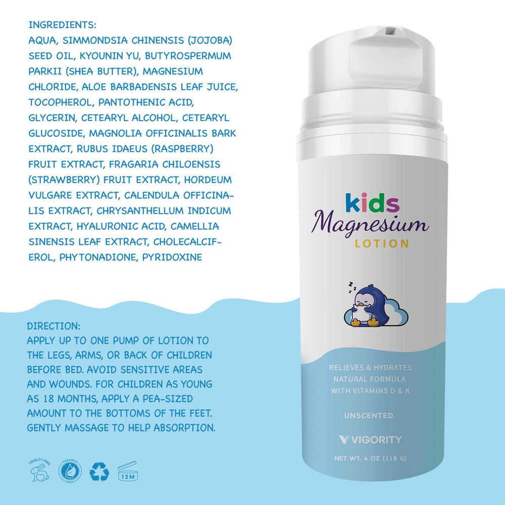 Vigority Magnesium Lotion bedtime routine image shows calm child after application.