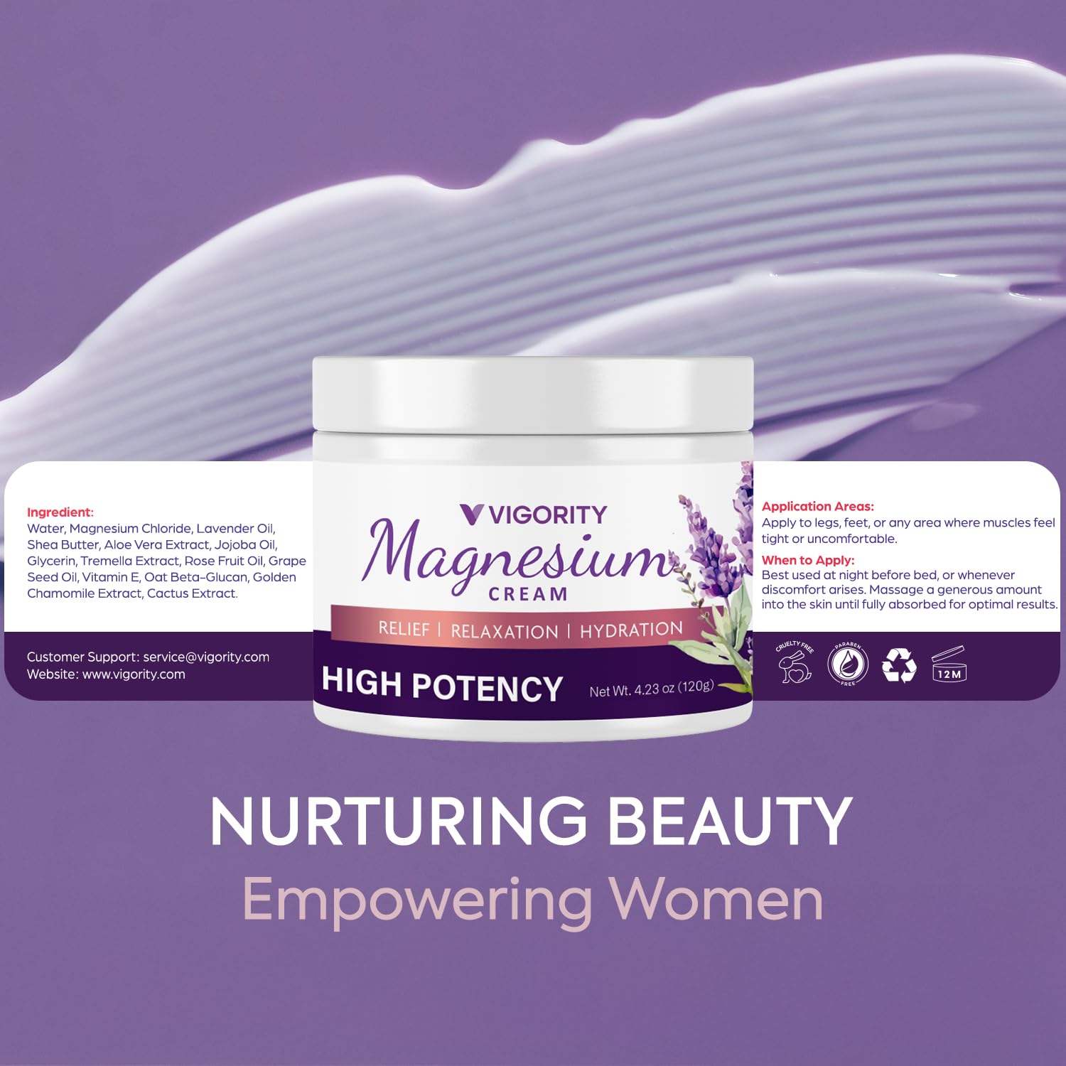 Label on Vigority magnesium lotion highlights natural ingredients and vitamins for skin care.