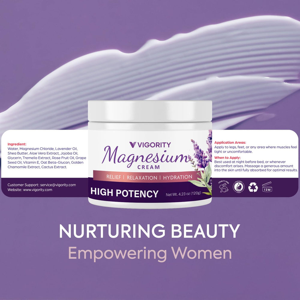 Label on Vigority magnesium lotion highlights natural ingredients and vitamins for skin care.