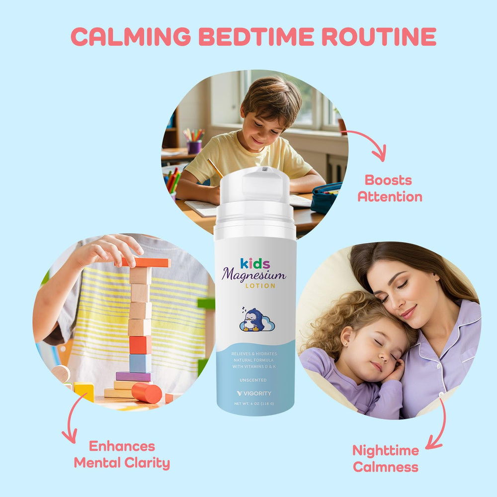 Vigority Magnesium Lotion quick absorb no residue supports smooth bedtime routine.