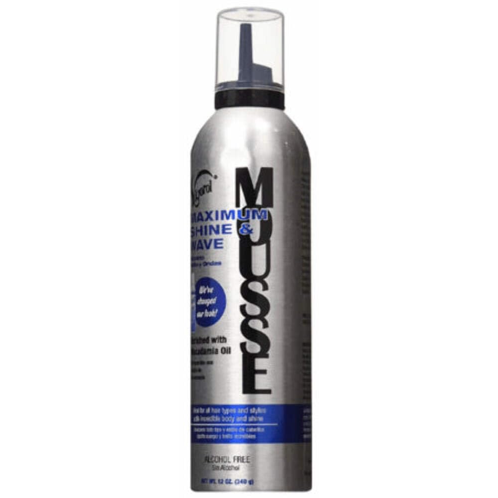 Vigorol Mousse Maximum Shine Bottle delivers glossy finish and light hold for waves.