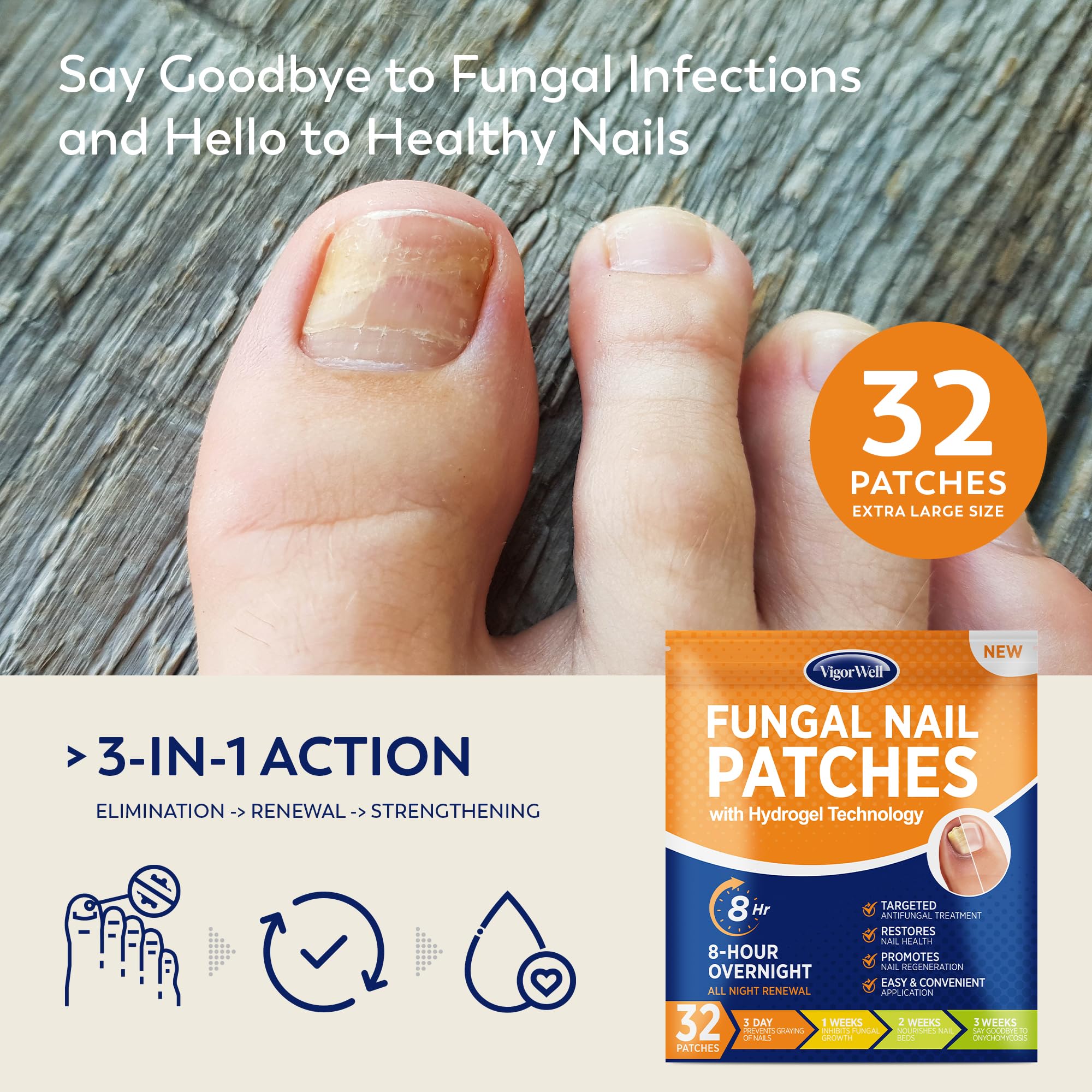 Close-up of VigorWell extra strength toenail patch for effective fungus treatment.