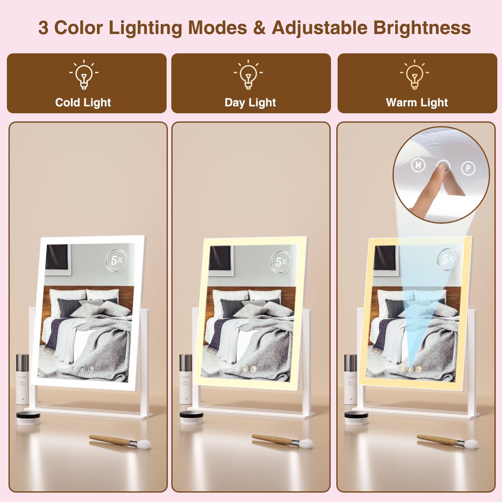 ViKert makeup mirror 360-degree rotation for flexible angle adjustment.