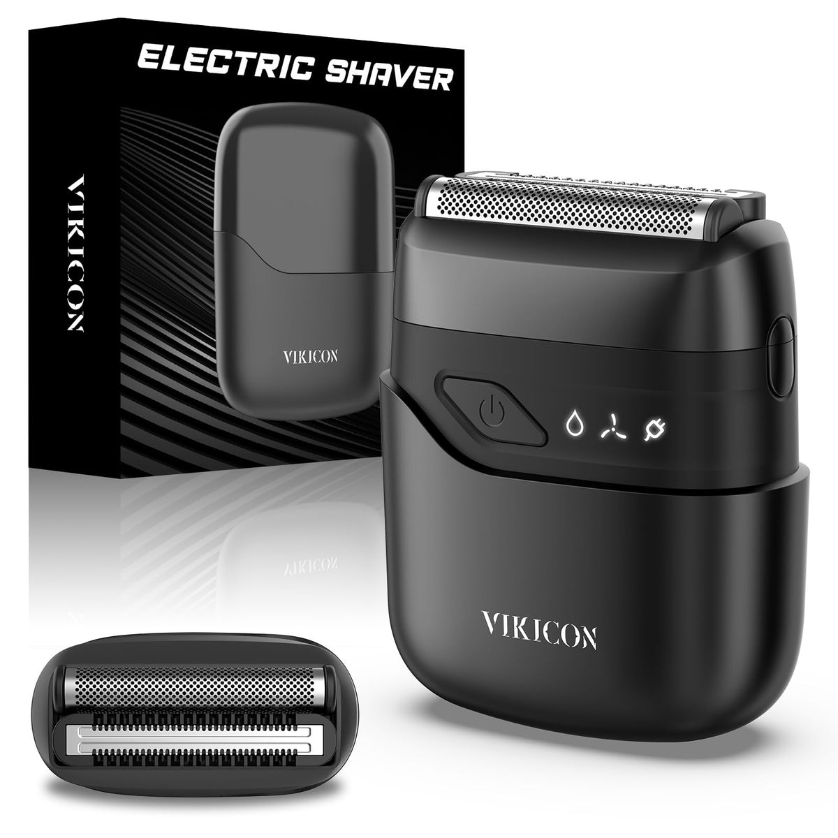 VIKICON electric foil shaver front view shows compact travel size for on-the-go grooming.