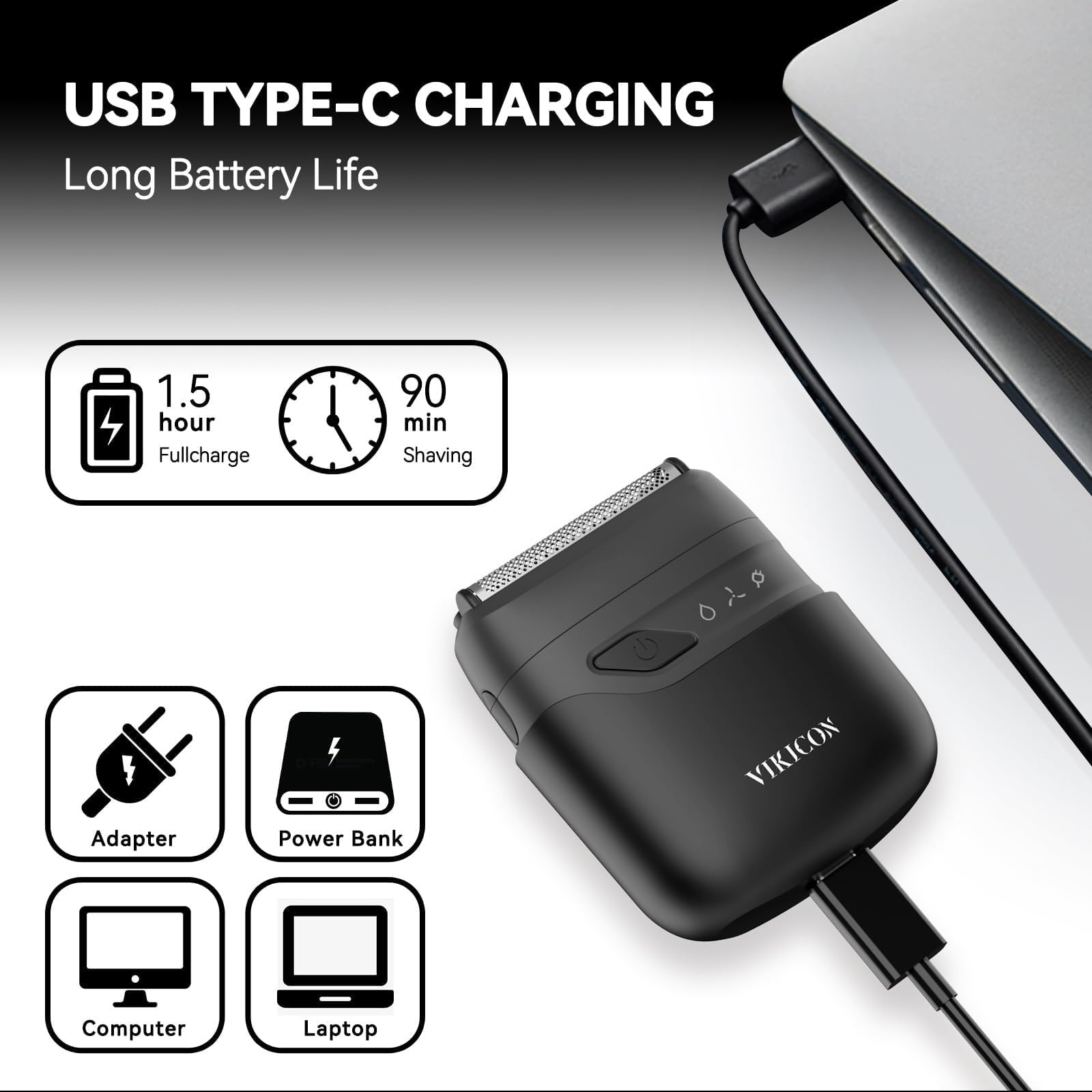 VIKICON shaver USB-C charging enables fast top-ups.
