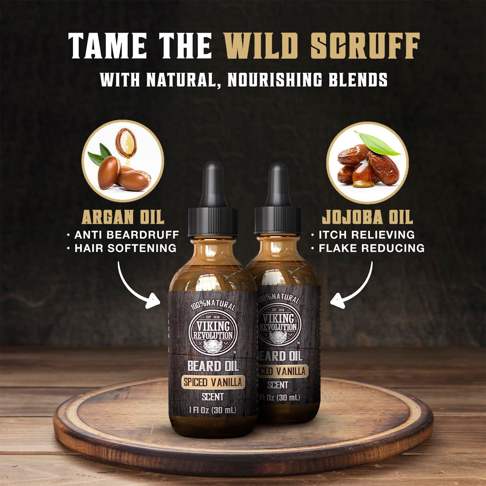 Viking Revolution argan jojoba blend bottle emphasizes natural nourishment for facial hair.