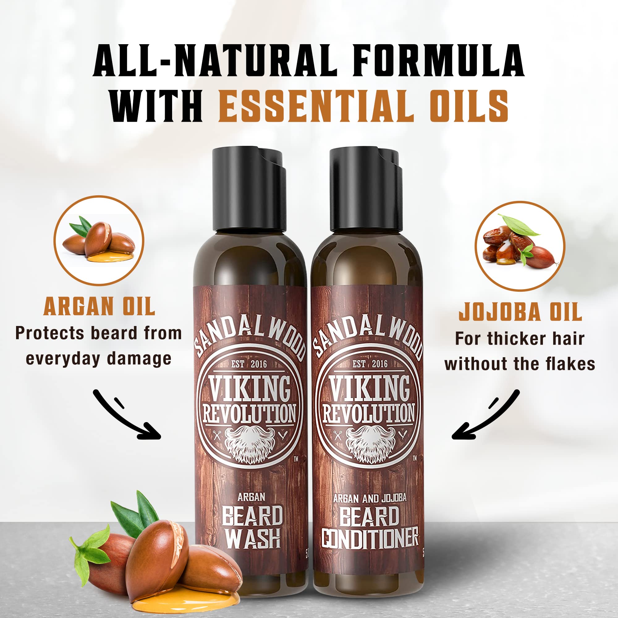 Viking Revolution argan and jojoba oils close-up illustrates nourishment.