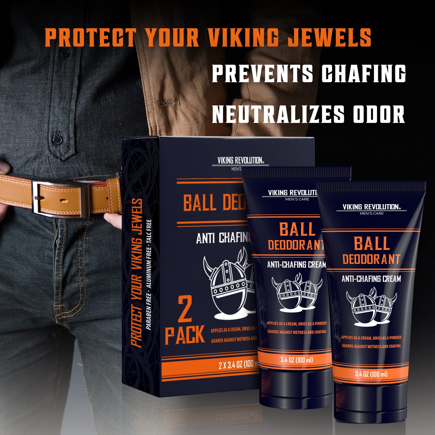 Viking Revolution ball-deodorant-pack-2 close-up shows talc-free, anti-chafing care.