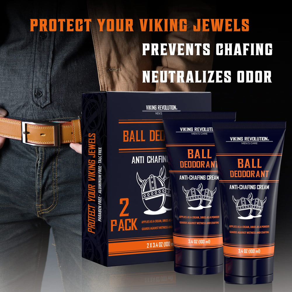 Viking Revolution ball-deodorant-pack-2 close-up shows talc-free, anti-chafing care.