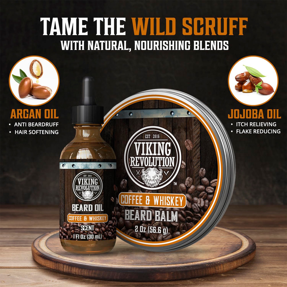 Viking Revolution beard balm being applied for natural hold and flyaway control.