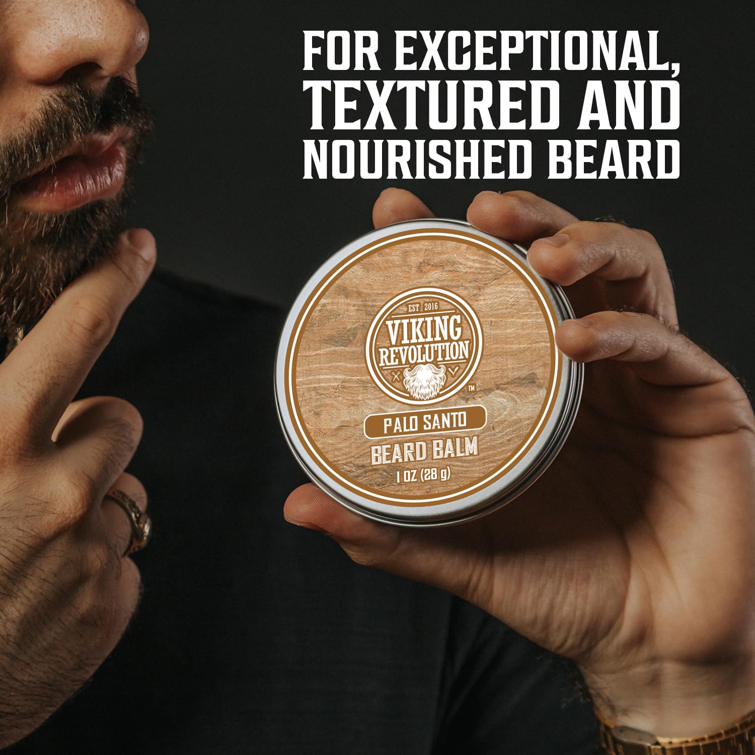 Viking Revolution beard balm jar closeup highlighting natural oils