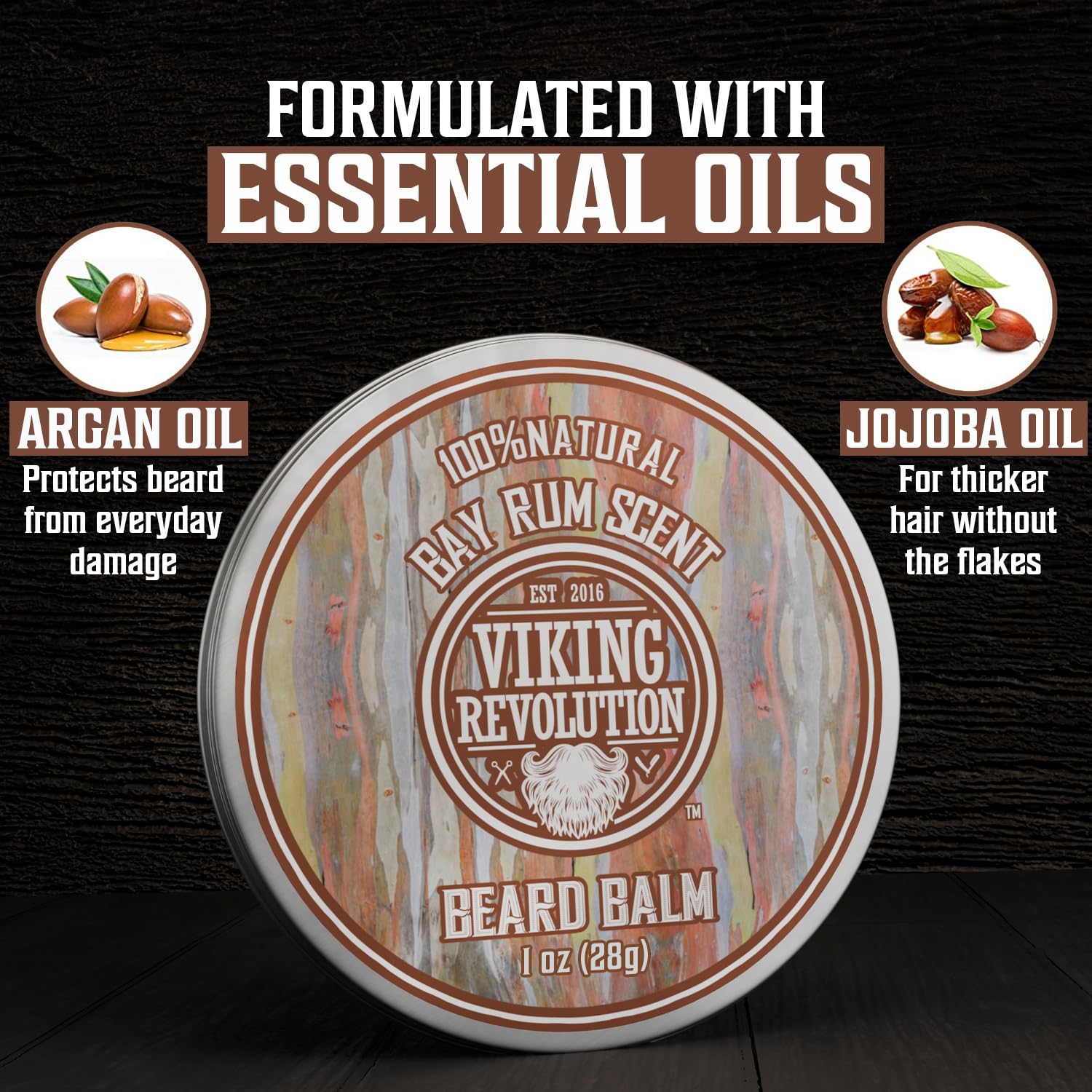Viking Revolution bay rum beard balm tin delivers refreshed scent and neat beard shape.