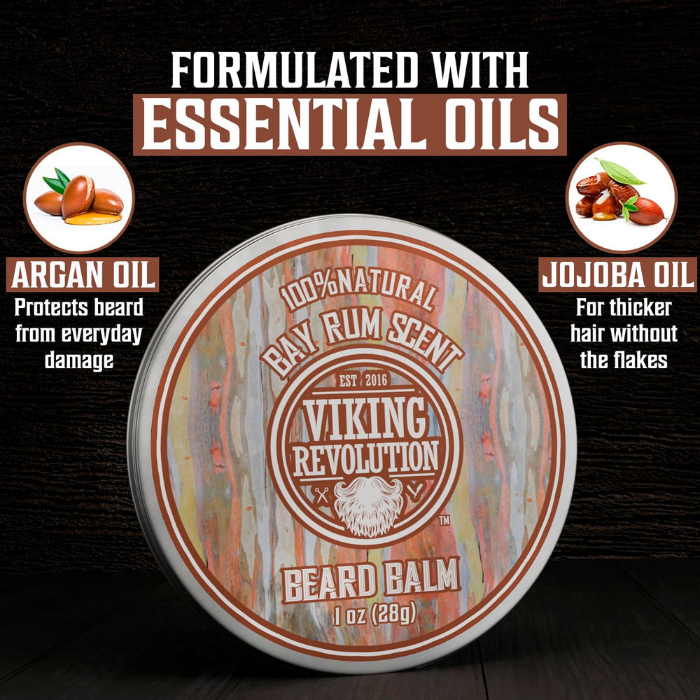 Viking Revolution bay rum beard balm tin delivers refreshed scent and neat beard shape.