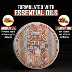 Viking Revolution bay rum beard balm tin delivers refreshed scent and neat beard shape.