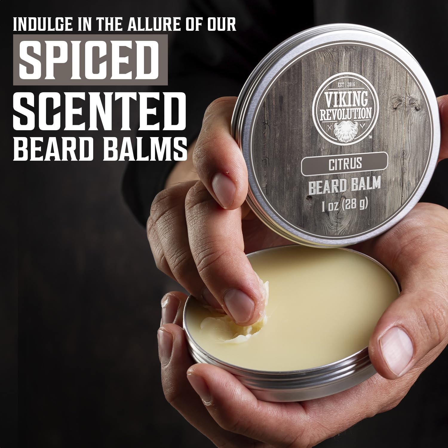Viking Revolution citrus tin adds a refreshing scent while conditioning beard