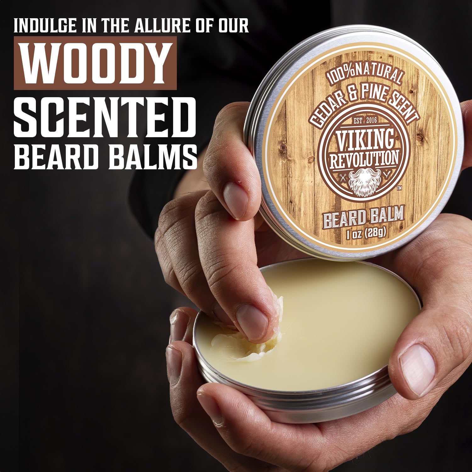 Viking Revolution clary sage beard balm tin nourishes and softens strands.