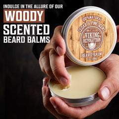 Viking Revolution clary sage beard balm tin nourishes and softens strands.