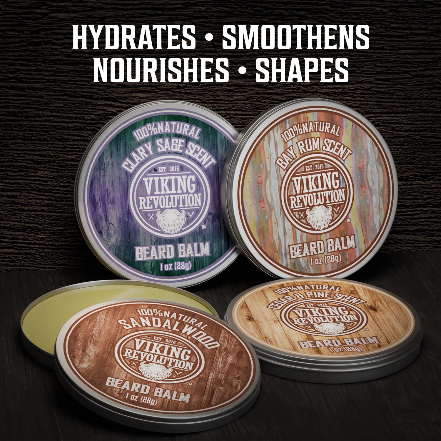 Viking Revolution pine-cedar beard balm tin conditions and shapes facial hair.