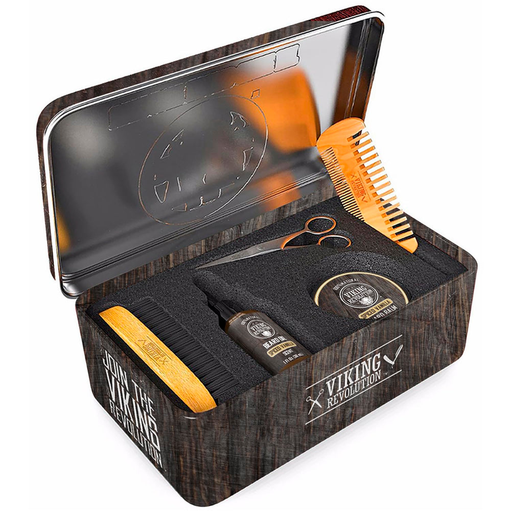Viking Revolution beard care routine setup on a vanity