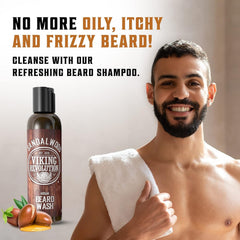 Viking Revolution beard conditioner bottle application demonstrates smoothing.