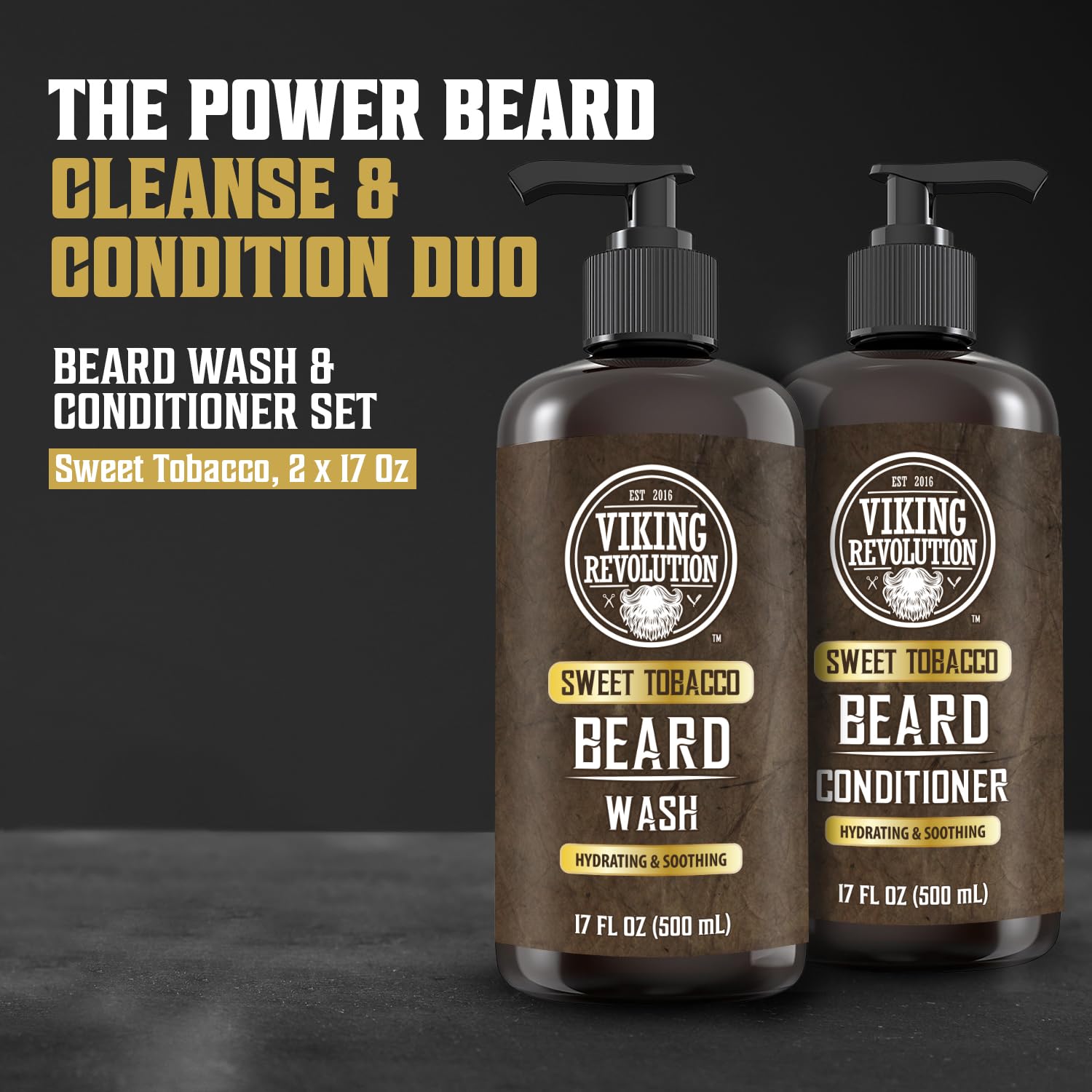 Viking Revolution Beard Conditioner bottle pouring for soft, manageable facial hair.