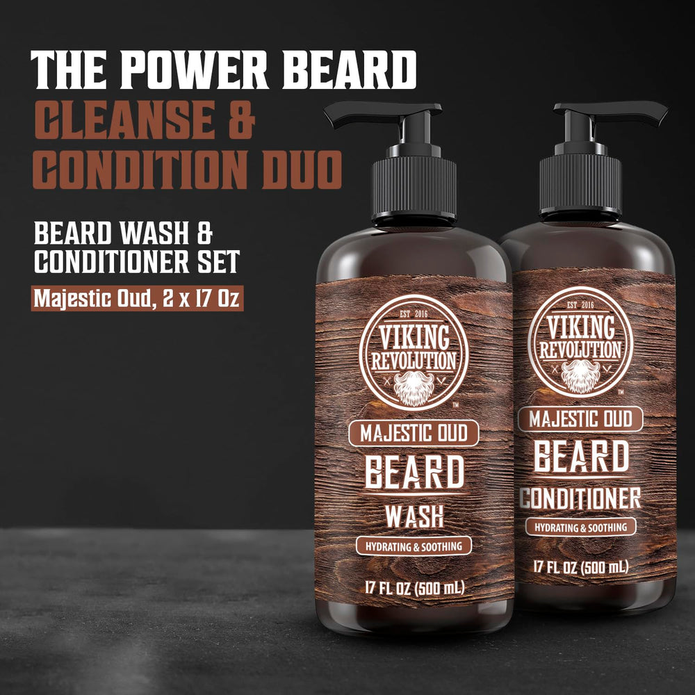 Viking Revolution beard conditioner Majestic Oud bottle softens hairs and eases tangles.