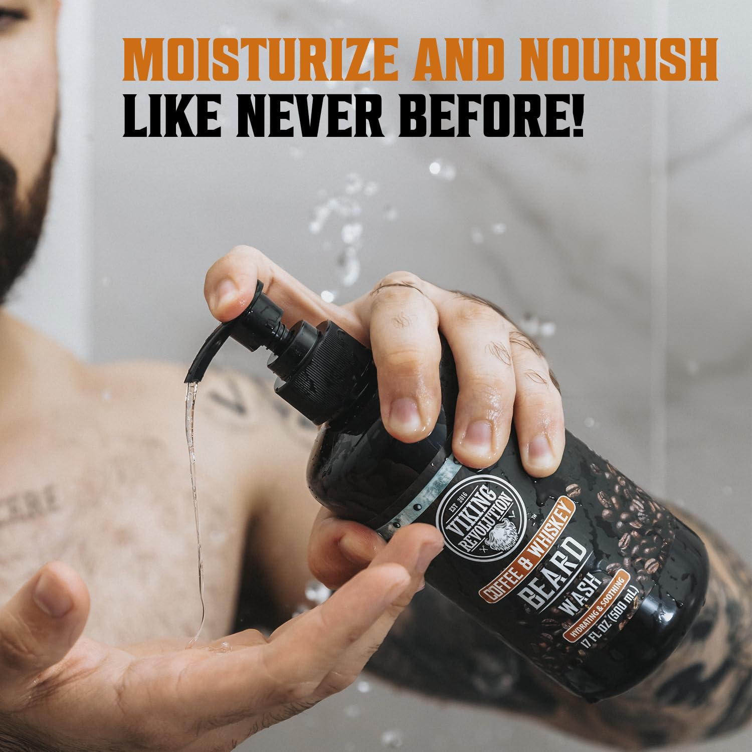 Viking Revolution beard conditioner closeup highlights nourishing oils for softer, healthier beard
