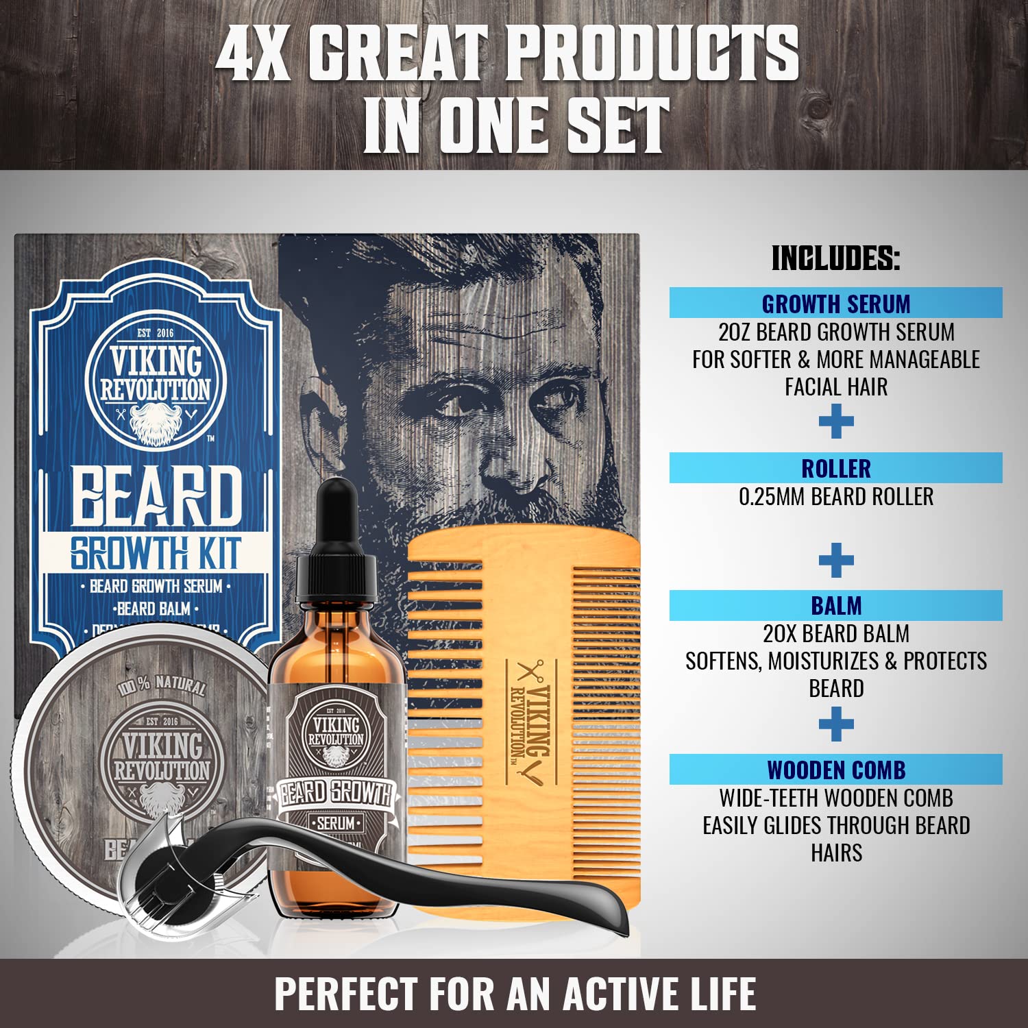 Viking Revolution beard growth kit balm jar highlights smoothing argan and jojoba for soft manageability