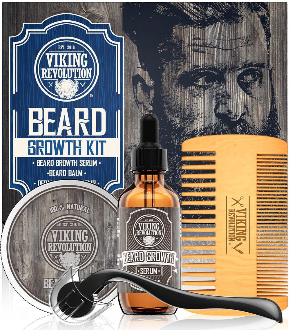 Viking Revolution beard growth kit oil bottle shows nourishing serum for healthy-looking beard