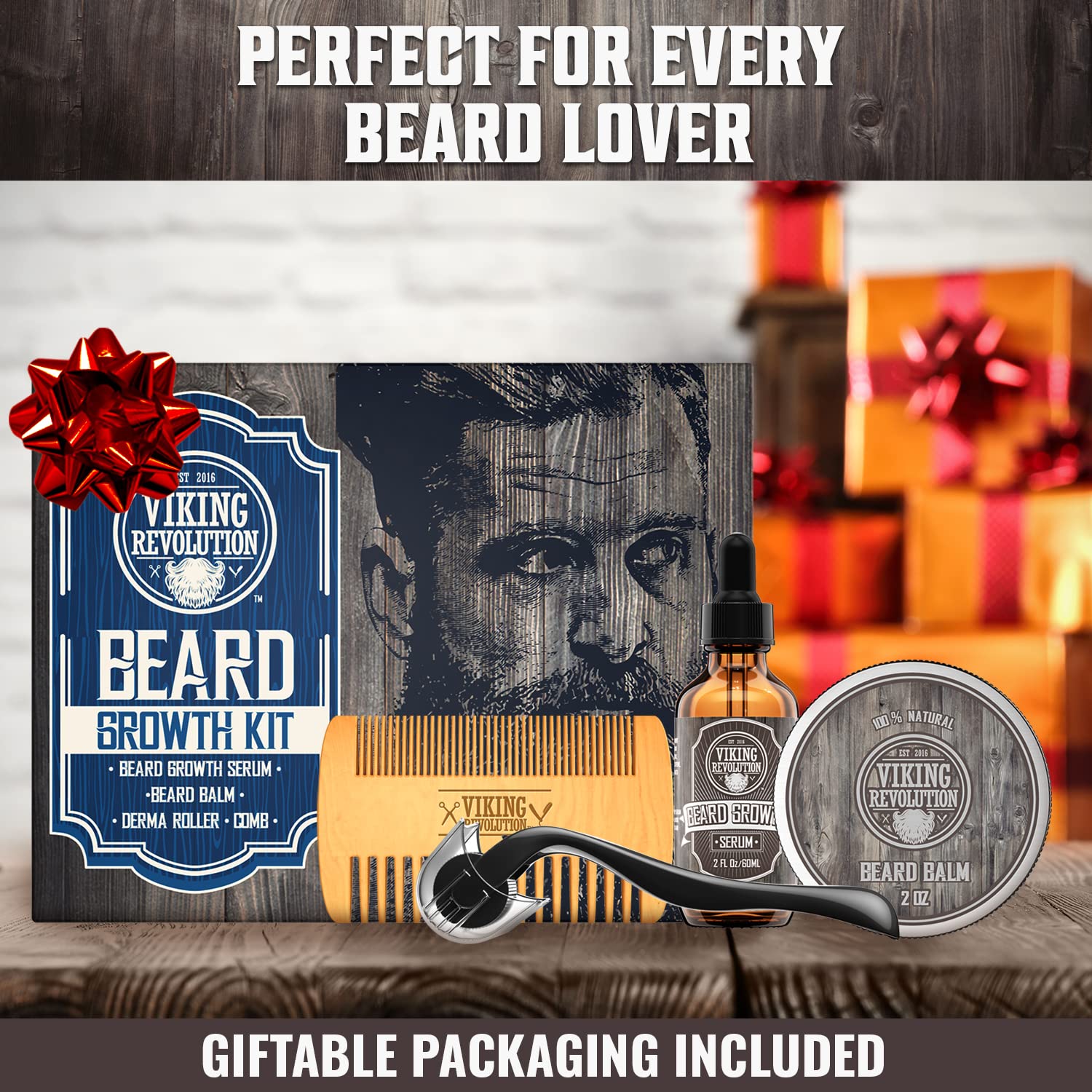 Viking Revolution beard growth kit packaging showcases gift-ready presentation