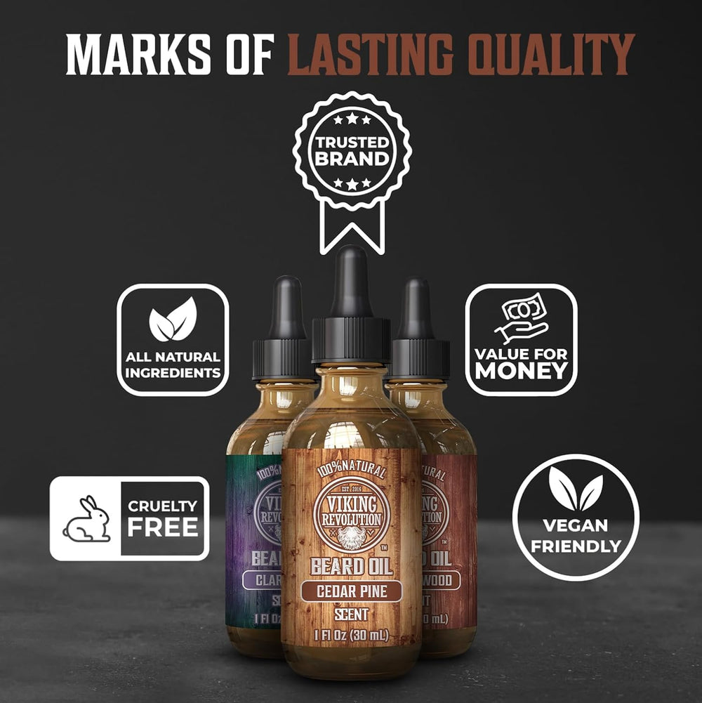 Viking Revolution Beard Oil 3 Pack oil drops illustrate easy, quick application.