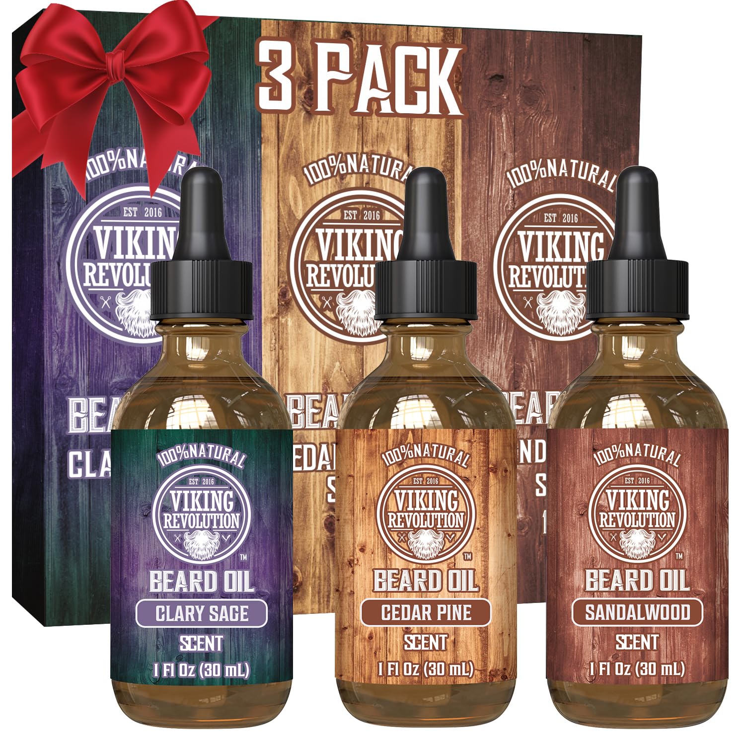Viking Revolution Beard Oil 3 Pack sandalwood bottle for daily conditioning and scent.