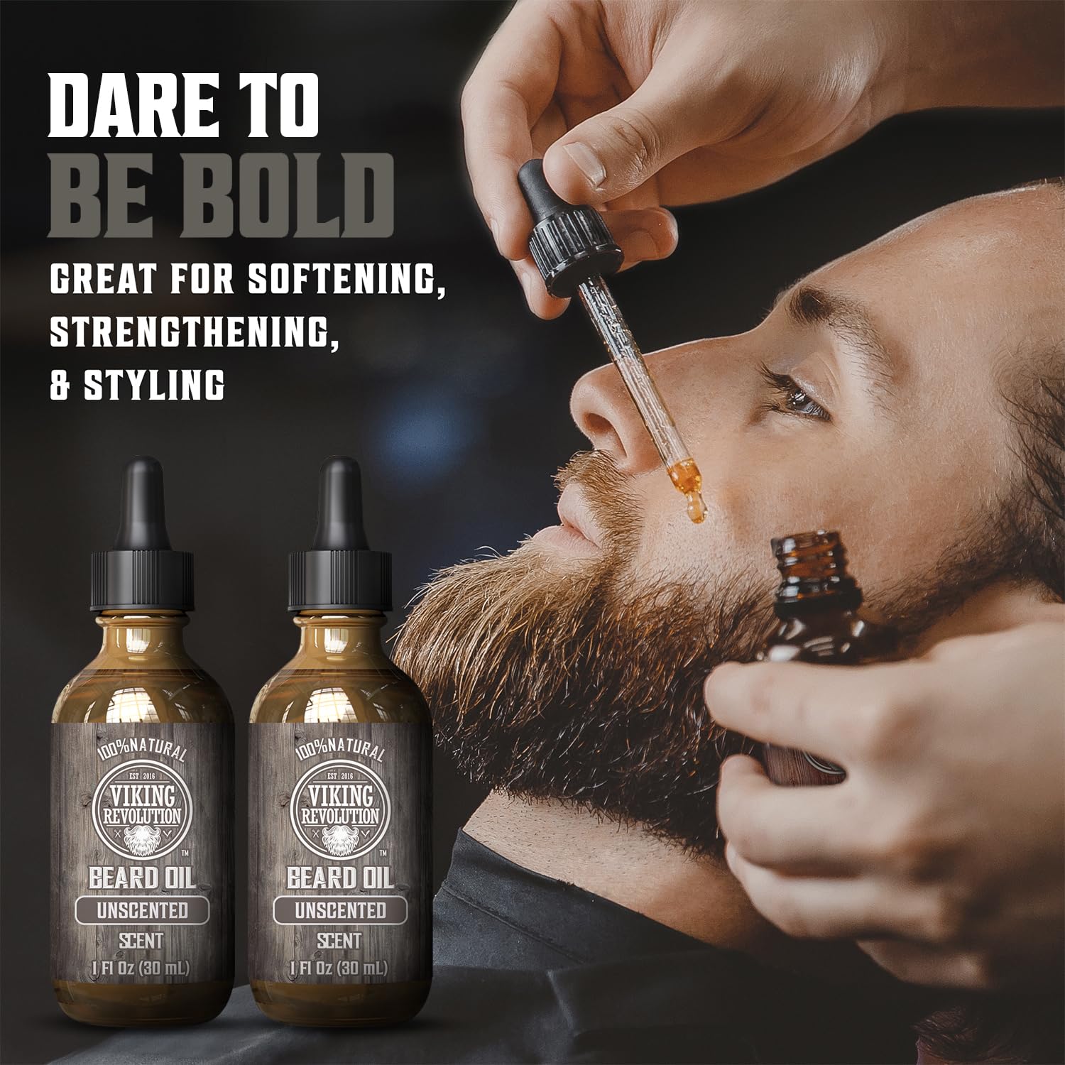 Viking Revolution beard oil application dropper for quick conditioning.