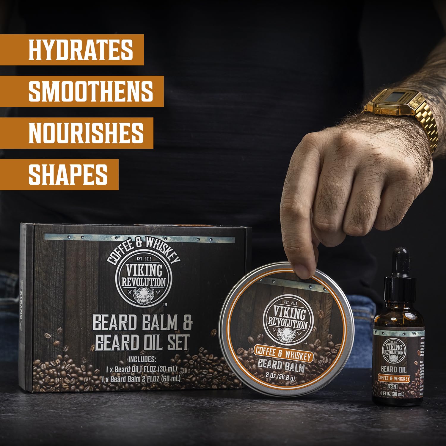 Viking Revolution beard oil bottle during grooming application for soothing softness.