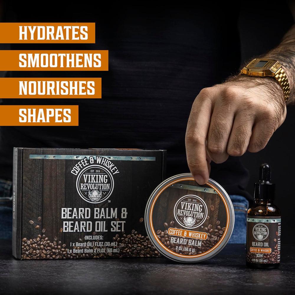 Viking Revolution beard oil bottle during grooming application for soothing softness.