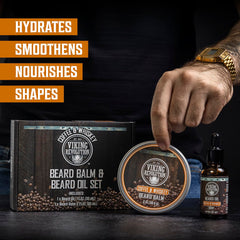 Viking Revolution beard oil bottle during grooming application for soothing softness.