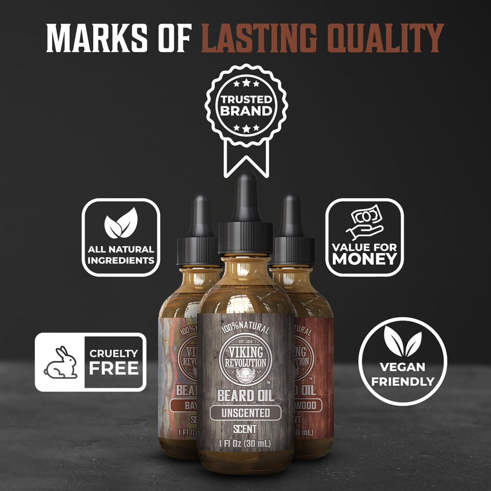 Viking Revolution beard oil bottle closeup highlighting natural ingredients