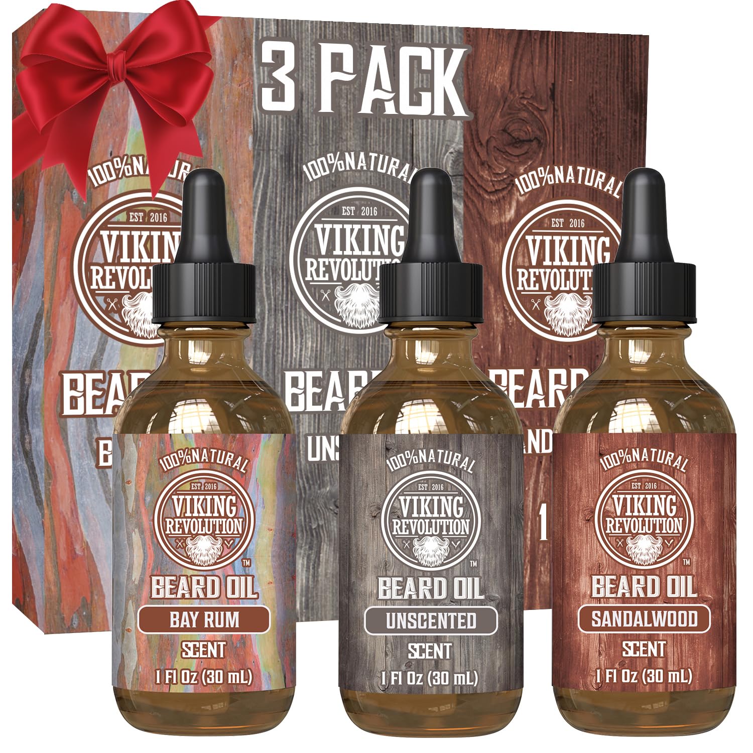 Viking Revolution beard oil sandalwood bottle for conditioning and a warm scent