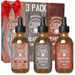 Viking Revolution beard oil sandalwood bottle for conditioning and a warm scent