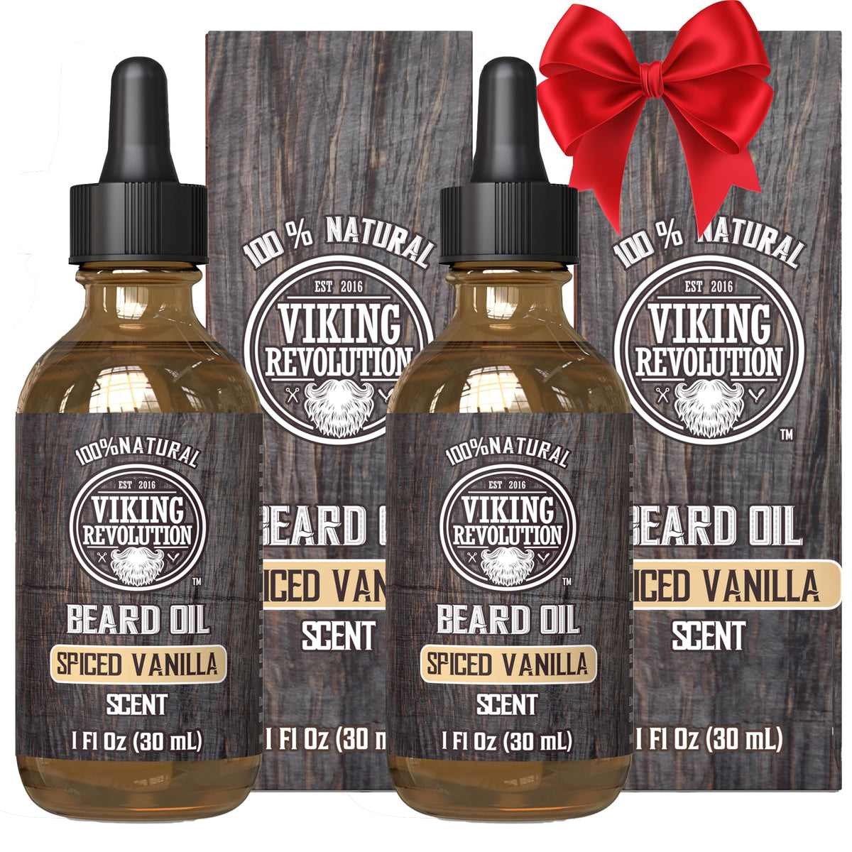 Viking Revolution beard oil spiced vanilla bottle for conditioning and fragrance.