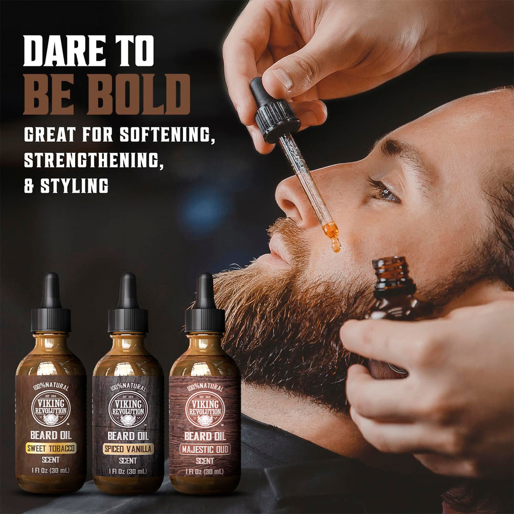Viking Revolution beard oil sweet tobacco application for daily conditioning.
