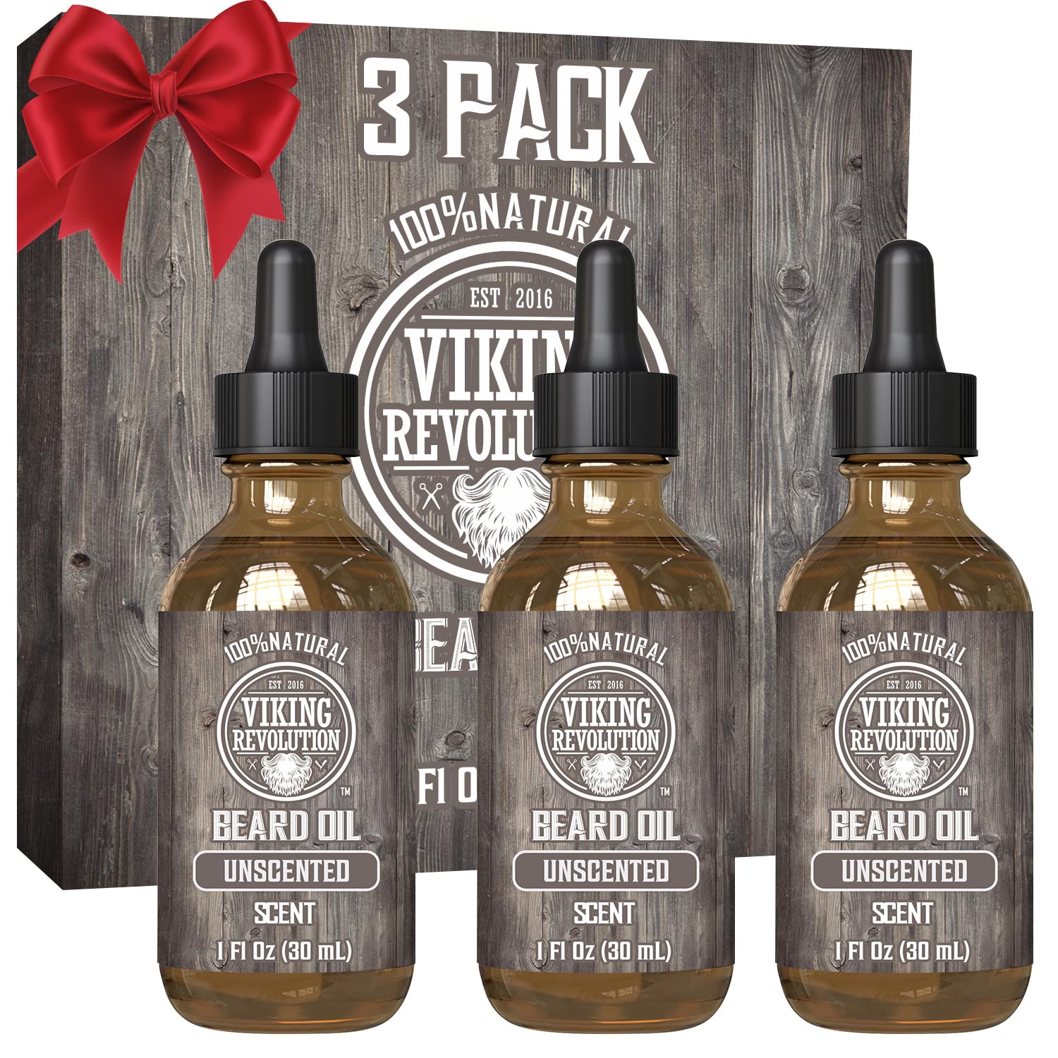 Viking Revolution beard oil unscented 3-pack bottles for easy grooming and conditioning.