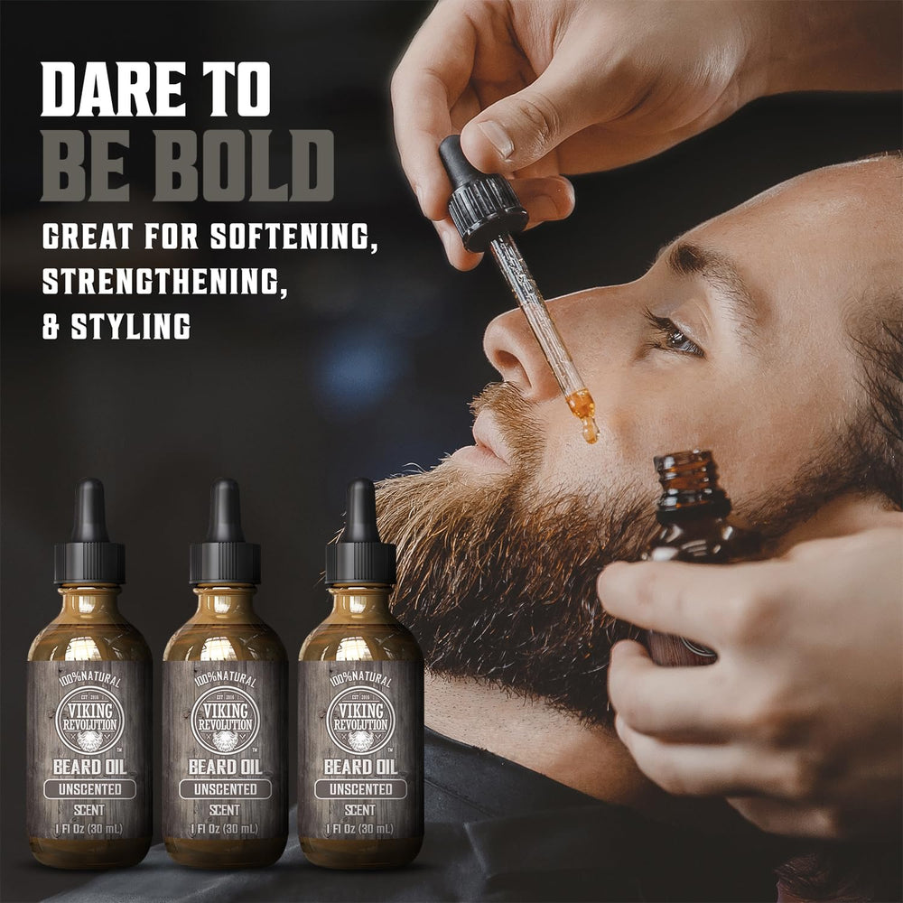 Viking Revolution beard oil unscented 3-pack dropper for precise daily application.